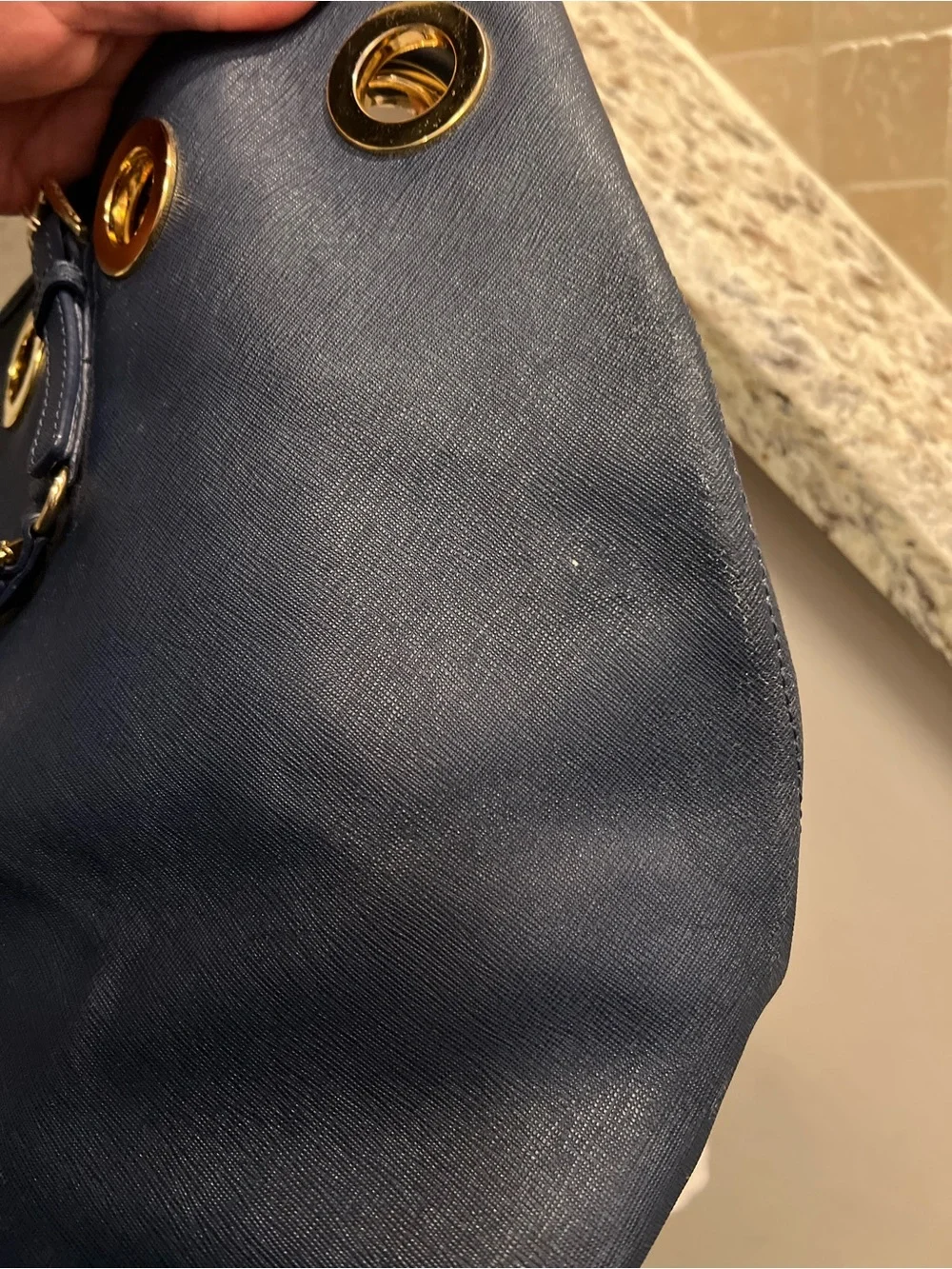 Michael Kors Navy Leather Tote with Gold Grommet Accents Beachy Captain